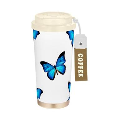 Imagem de TSENQUE Caneca de café de viagem de 473 ml com canudo e tampa, caneca de café de aço inoxidável à prova de vazamento para escritório, escola, festa, acampamento, borboletas azuis brancas