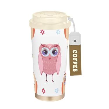 Imagem de TSENQUE Caneca de café de viagem de 473 ml com canudo e tampa de enchimento, caneca de café de aço inoxidável isolada a vácuo à prova de vazamento, animais fofos, coruja rosa pastel