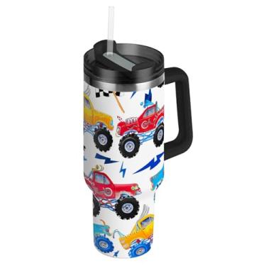 Imagem de Copos coloridos Monster Trucks com tampas e canudos, garrafa de água de aço inoxidável, isolada, copo de 850 g com alça, garrafa de água térmica para copo de carro