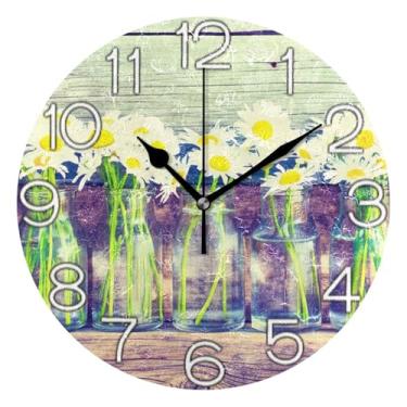 Imagem de Relógio de parede analógico decorativo relógio de cozinha rústico redondo sem tique-taque silencioso, decoração de parede de meados do século sala de estar margaridas brancas vibrantes floral, 25 cm
