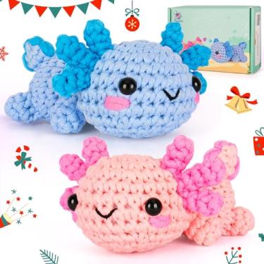 Imagem de 1 kit de crochê para iniciantes, kit de crochê fácil para adultos, mulheres e homens, kit completo de presente DIY feito à mão incluído (embalagem com 2 Axolotl)