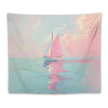 Imagem de Tapeçaria de parede de veleiro rosa no oceano calmo decoração náutica costeira arte pastel pôr do sol para sala de estar quarto pátio relaxante praia pendurado acento encantador cena aquática 40 x 60