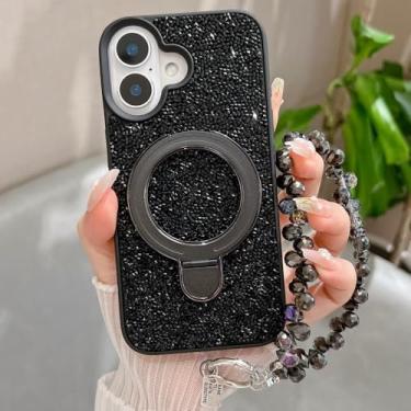 Imagem de Capa de celular com pulseira e contas de cristal Dazzle para iPhone 16, 15, 14, 13, 12, 11 Pro Max Plus, capa traseira com suporte magnético, preta, para iPhone 16