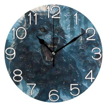 Imagem de GAIGEO Relógio de parede analógico decorativo relógio de cozinha rústico operado por bateria silencioso, retrô moderno art déco decoração de parede desenho animado lobo azul, 25 cm, ponteiros dourados