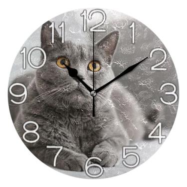 Imagem de Relógio de parede analógico decorativo estético silencioso sem tique-taque relógio de cozinha de escritório, decoração de parede de meados do século, sala de estar, gato, gatinho cinza, 25 cm, mãos