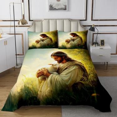 Imagem de Homewish Conjunto de cama Queen com versículos bíblicos cristãos, ovelha branca, 3 peças, para decoração de quarto de crianças, meninas, meninos, adultos, tema bíblico, edredom retrô, 2 fronhas