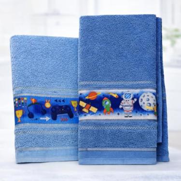 Imagem de KIT 2 Toalhas de Banho Infantil Felpuda Para Criança Com Faixa Decorada (Menino - Azul Game e Azul Astronauta)