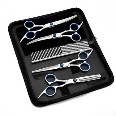 Imagem de Kit 5 em 1 Tesoura Pet Gatos e cães Cabelereiro Profissionai Barbeiro Animais de estimação - Precisão e Conforto para Cortes Profissionais em Cães e Gatos(Azul)