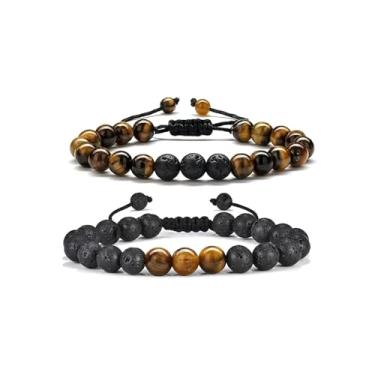 Imagem de 2 pulseiras de contas para presentes masculinos - Pulseira de pedra natural de 8 mm olho de tigre fosca ágata vulcânica para homens adolescentes e meninos