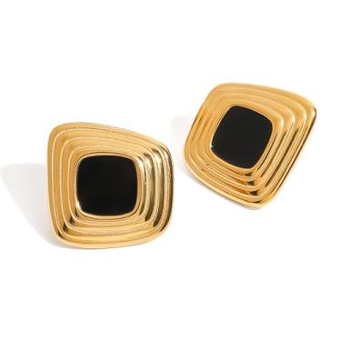 Imagem de Brincos grossos pretos e dourados para mulheres, brincos quadrados vintage, brincos pretos banhados a ouro 18 K, aço inoxidável hipoalergênico, joia geométrica, presente para ela, presente geométrico