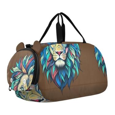 Imagem de Linda bolsa de viagem Cupid Pug Love para meninas, bolsa de viagem para o fim de semana, bolsa de viagem para crianças, Marrom leão colorido, Clássico