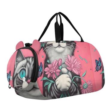 Imagem de Bolsa esportiva para meninos com desenho de sapo verde, bolsas de fim de semana para viagem, compartimento de sapatos, Lindas flores de gato borboletas rosa, Clássico