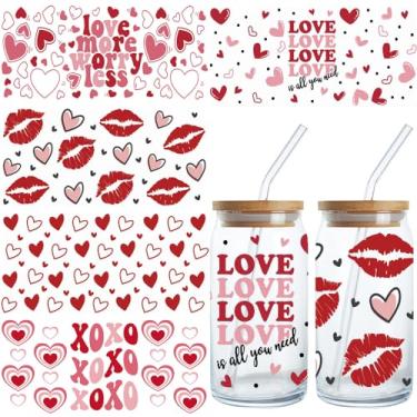 Imagem de Envelopes de copo UV DTF Dia dos Namorados para copos de vidro de 473 ml, 5 folhas com tema de lábios de coração vermelho Uvdtf adesivos românticos XOXO Designs decalque de filme de transferência para