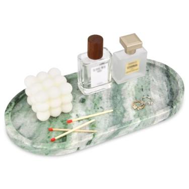 Imagem de Bandeja oval de mármore para banheiro, bandeja de mesa de banheiro de mármore natural de luxo, bandeja decorativa de bancada de pedra para joias de perfume de café (esmeralda verde, 30 x 15 x 2 cm)