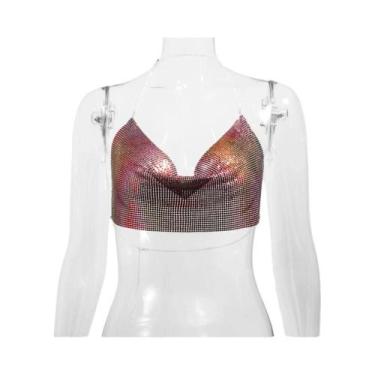Imagem de Top Cropped Feminino Com Lantejoulas Metálicas Brilhantes, Decote Em V
