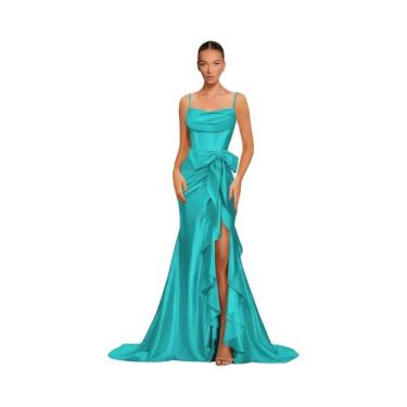 Imagem de Vestido De Gala Feminino Em Cetim Estilo Sereia Com Alças Finas, Ombro