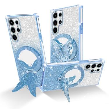 Imagem de Easyscen Capa para celular Samsung Galaxy S24 Ultra (6,8 polegadas), com suporte de borboleta e 4 cantos de airbag protetora, capa protetora à prova de choque de luxo feminina com glitter - azul