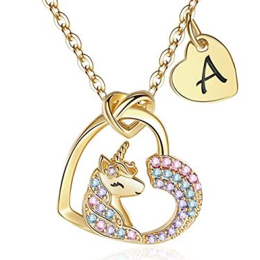 Imagem de FLNEOO Presentes de unicórnio para meninas, colar de unicórnio, presentes personalizados de aniversário para meninas, pingente de coração, arco-íris com inicial de zircônia, unicórnios clássicos,