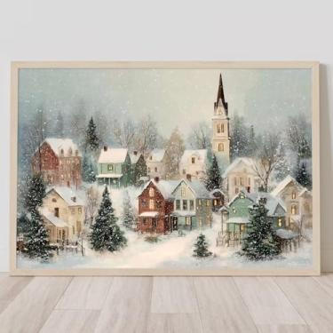 Imagem de Winter Village Picture Snowy Scene Wall Art Christmas Village Artwork Town Prints Farmhouse Holiday Artwork Xmas Seasonal Canvas Winter Town Wall Art Cozy Festive Decor Sala de Estar 40 x 61 cm Sem