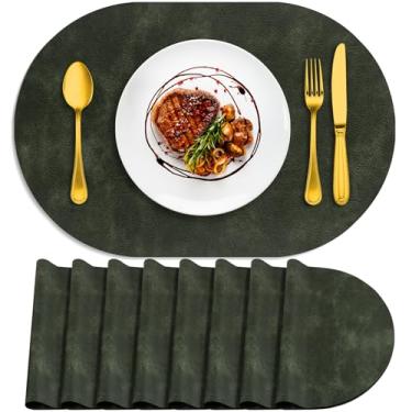 Imagem de ADRIMER Jogo americano oval, resistente ao calor, conjunto de 8 laváveis, 30 x 43 cm, tapetes de mesa à prova d'água, tapetes de poliuretano limpáveis para cozinha, sala de jantar, verde-oliva