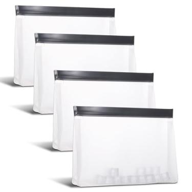 Imagem de 4 unidades de sacos reutilizáveis de armazenamento de gelo com zíper à prova de vazamento, recipientes de armazenamento de cubos de gelo de 1 galão, suporte para congelador, sacos de freezer para