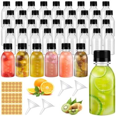 Imagem de Barafat 42 garrafas de plástico de 118 ml para líquidos, mini frascos com tampas, garrafas de shot de suco com tampas com escala e etiquetas para suco de molho de gengibre a granel portátil para