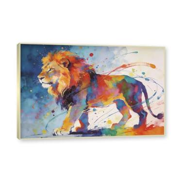 Imagem de NHLDZYH Moldura dourada. Quadro abstrato de leão - arte moderna com salpicos de cor vibrante - arte de parede energética para casa, escritório ou negócios - tela decorativa. A73. 30 x 45 cm.