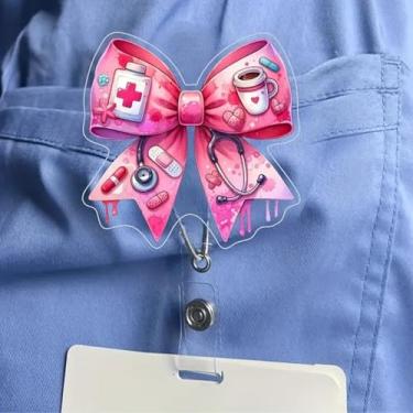 Imagem de Carretel de crachá de laço rosa bonito suporte de crachá de dia dos namorados com clipe jacaré, laço de coração, design de café, cartão de identificação retrátil, carretéis de crachá de dia dos