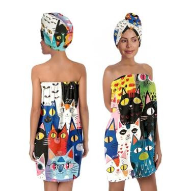 Imagem de BaBakiak Conjunto de envoltório de banho de gato colorido com turbante de cabelo, envoltório de toalha de spa com padrão de gato engraçado, roupão de toalha para mulheres