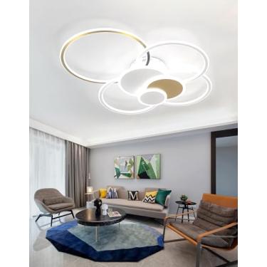 Imagem de Luminária de teto LED moderna e redonda de 125W com controle remoto, dimerizável, com moldura em anel nas cores branco e dourado. Design elegante e minimalista para sala de estar, hall de en