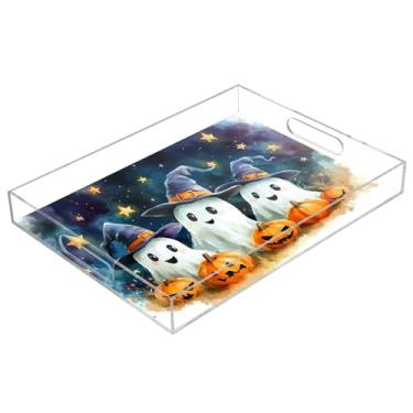Imagem de xigua Bandeja de servir de acrílico fantasma de Halloween com alças à prova de derramamento, bandejas decorativas de festa de Halloween, bandeja organizadora de bancada para banheiro, cozinha, 30,5 x