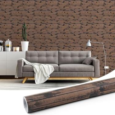 Imagem de Yun-aeon Papel de parede listrado de bambu texturizado de madeira sintética papel de contato 43 cm x 1222 cm, papel de parede removível autoadesivo para quarto, sala de estar, queimado escuro