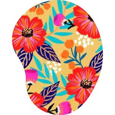 Imagem de Mouse Pad Ergonômico Gota Flores Vermelhas e Folhagens Azuis Fundo Amarelo