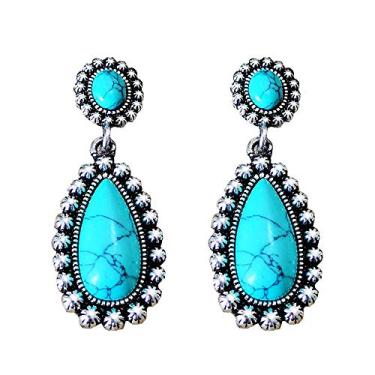 Imagem de TIANHONGYAN Brincos de gota turquesa com pingente boêmio retrô exagerado gota turquesa brincos pendentes para mulheres meninas joias presentes, Metal, NC