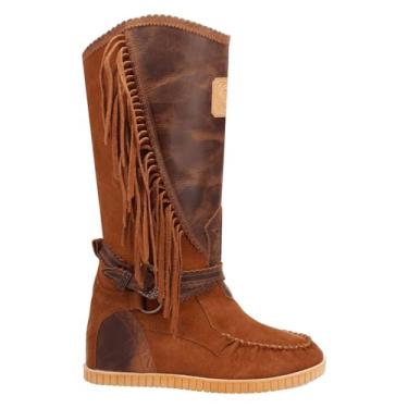 Imagem de Dingo Botas femininas casuais Natchez bico redondo mocassim cano alto salto médio 5-7,6 cm - marrom, Marrom, 36