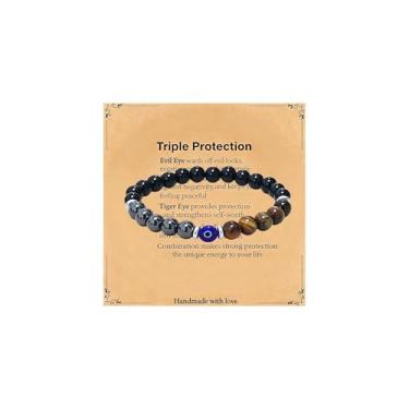 Imagem de LHOMS Pulseira masculina de proteção tripla com olho turmalina preta e hematita olho de tigre com contas de 8 mm, presente espiritual para ele, namorado, irmão, marido, Natal, aniversário, Large