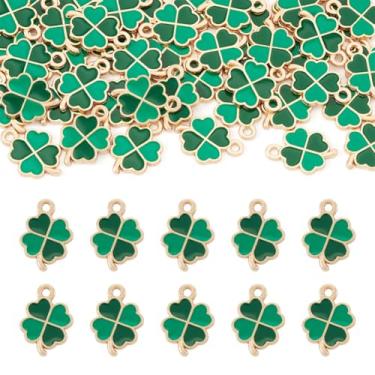Imagem de 50 pingentes esmaltados de liga de trevo dourado, trevo de quatro folhas, pingente verde para o dia de São Patrício, artesanato, pulseira, brincos, joias, 18 x 12 x 1,3 mm