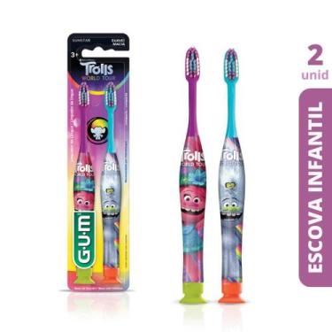 Imagem de Escova Dental Infantil Trolls Manual  GUM  2 escovas, Azul, Roxo
