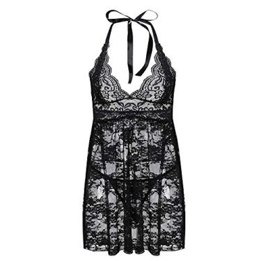 Imagem de 3FLQOOPP Body de renda para mulheres lingerie sexy de renda plus size vestido de gaze transparente pijama de renda roupa íntima feminina sexy (preto 4X)