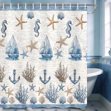 Imagem de JAWO Cortina de chuveiro náutica, vintage praia concha cavalo marinho âncora veleiro cortina de banheira, tema porto costeiro de verão, decoração de banheiro com ganchos, 169 x 170 cm