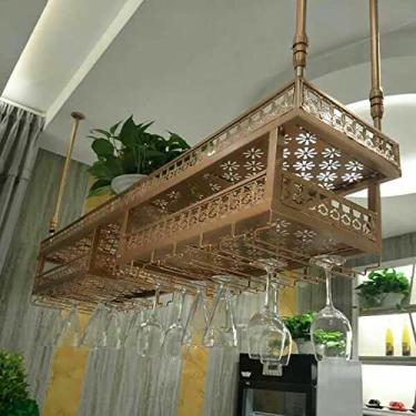 Imagem de Prateleira de vinho de teto de altura ajustável prateleira de metal para copos de vinho vintage suporte de garrafa de vinho rústico taças prateleira de armazenamento para bares, restaurantes