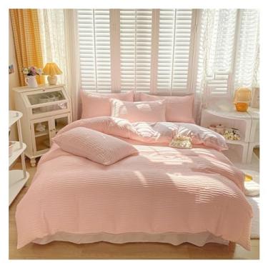Imagem de Jogo de cama reversível, conjunto de capa de edredom duplo macio com lençóis, conjunto de cama respirável confortável (rosa solteiro 4 peças)