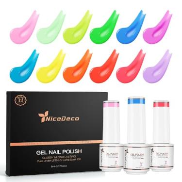 Imagem de Nicedeco Esmalte de unhas em gel, 12 cores, sem hema, sem crueldade, vegano, rosa neon amarelo azul U V gel manicure DIY casa para mulheres meninas kit 6