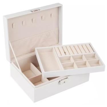 Imagem de Porta Joias Interior em Veludo com Tranca. Organizador Grande de Dupla Camada para Joias, Brincos, Anéis, Bijuterias. Porta-Jóias Elegante. Porta jóias para viagem (Branco)