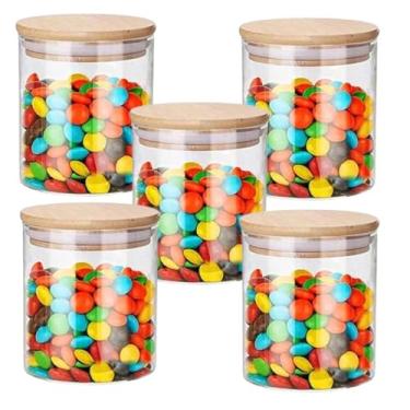Imagem de Kit 5 Pote de Vidro para Mantimentos 550ml com Tampa de Bambu Hermético Resistente Redondo