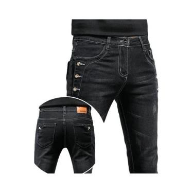 Imagem de Calça Jeans Masculina Slim Fit Preta, Estilo Coreano, Com Vários Botõe