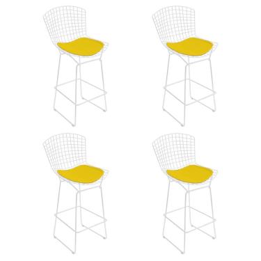 Imagem de Kit 4 Banquetas Bistrô Bertoia Branca D60 Com Assento Amarelo