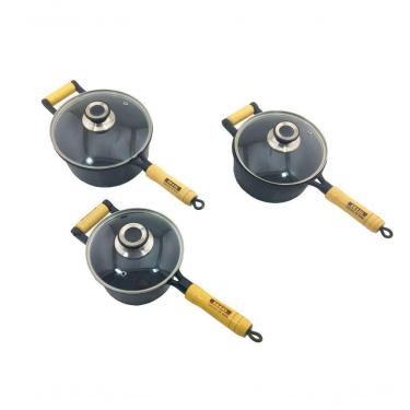 Imagem de Jogo 3 Caçarolas Ferro Fundido Cabo De Madeira Tampa Vidro.