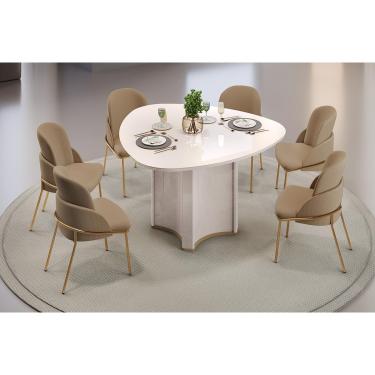 Imagem de Conjunto: Mesa Sala Jantar Chanel c/ Tampo Madeirado c/ Vidro Orgânico 136x136cm e 6 Cadeiras Vitta Off White - Linho Bege - DJ Móveis