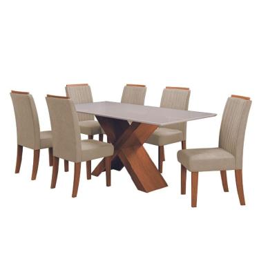 Imagem de Conjunto Mesa de Jantar com Vidro 1,80m e 6 Cadeiras Grécia Dobuê - Madeirado/Bege